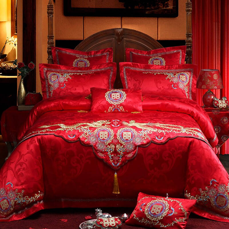 艾维 大红结婚床上多件套