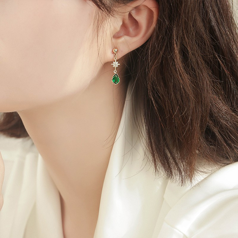 耳环2020新款复古风耳饰绿水晶珍珠耳钉气质祖母绿色宝石耳坠