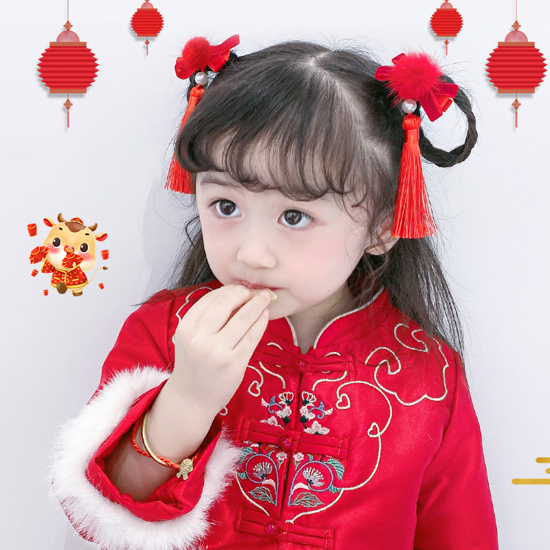 儿童新年发夹女童过年发卡子红色流苏头饰中国风唐装宝宝发饰套装