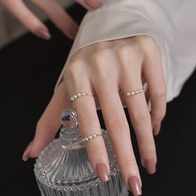 925纯银戒指女小众设计珍珠冷淡风高级复古ins潮食指开口调节尾戒