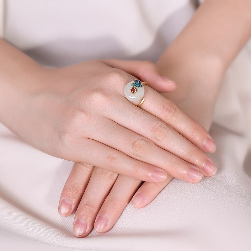 原创S925纯银和田玉古风戒指女士平安扣复古气质设计感指环银饰品