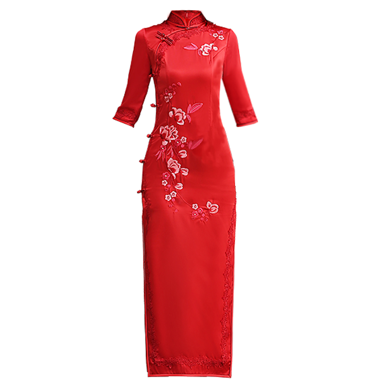 红色旗袍秋冬2020年新款长袖连衣裙