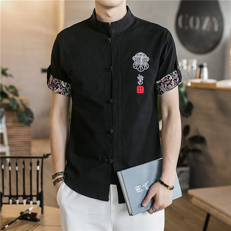 夏季中国风短袖透气刺绣男士衬衫