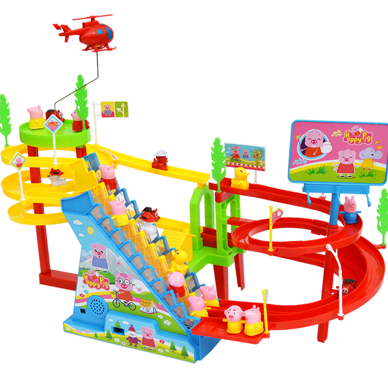抖音小猪爬楼梯玩具电动轨道车自动上楼儿童佩奇滑滑梯男女孩佩琪