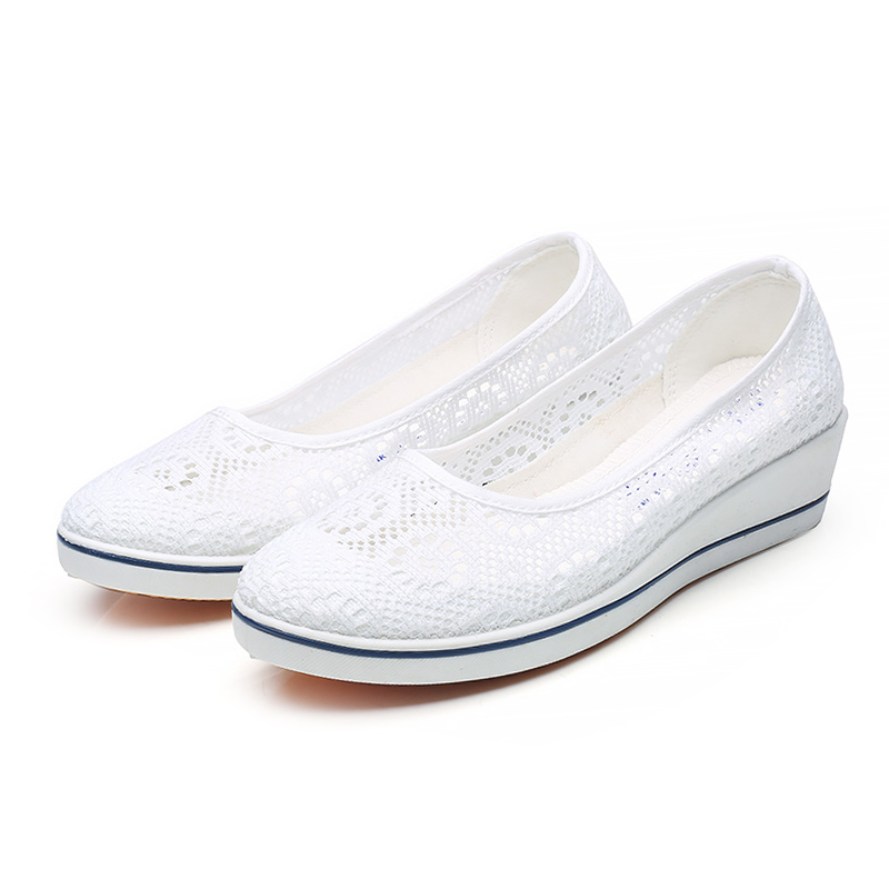 夏款网鞋白色透气坡跟美容院护士鞋