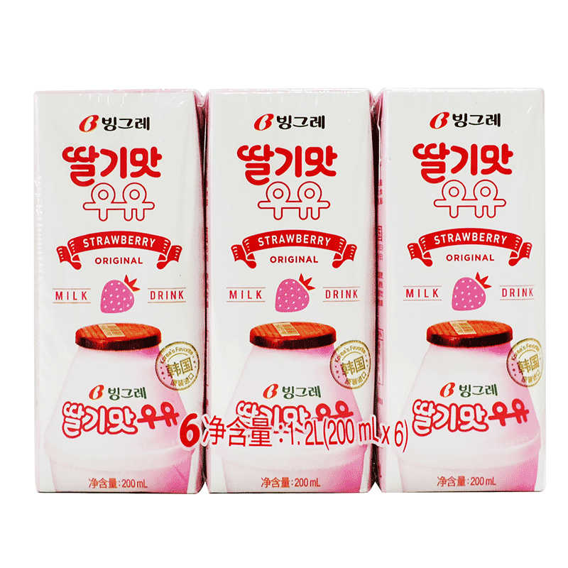 【进口】宾格瑞韩国草莓味牛奶早餐饮料饮品200ml*6香滑口感聚会