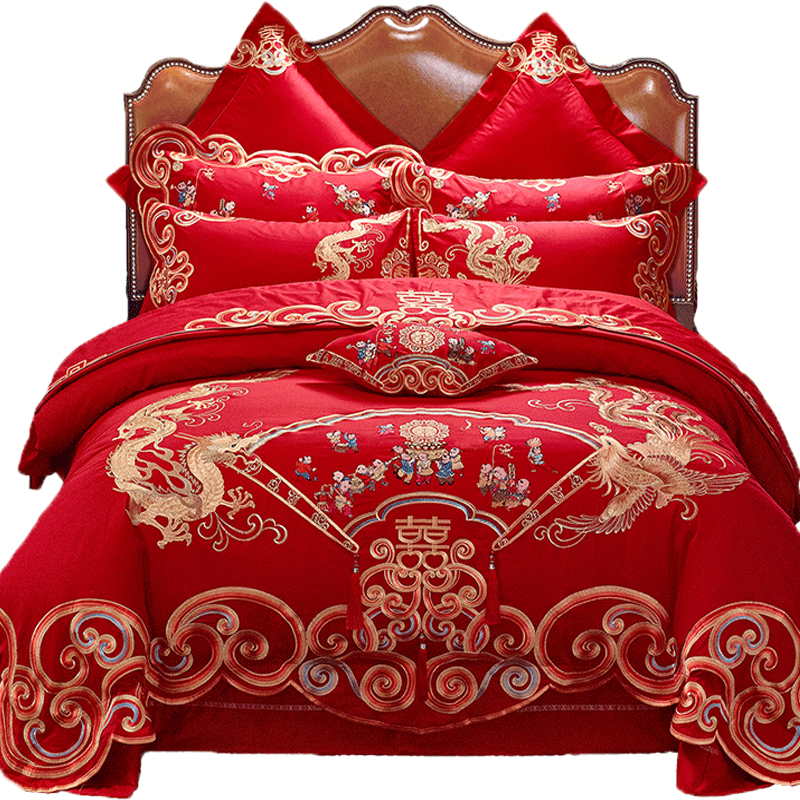 全棉婚庆四件套大红色结婚床上用品