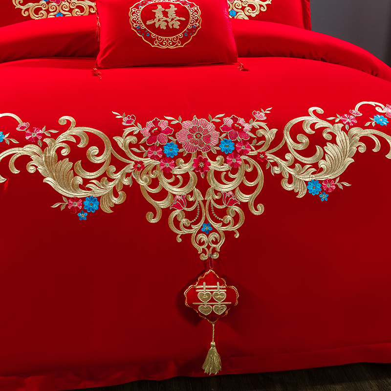 床上婚庆纯棉四件套全棉大红色刺绣结婚新婚喜被多件套件绣花床品