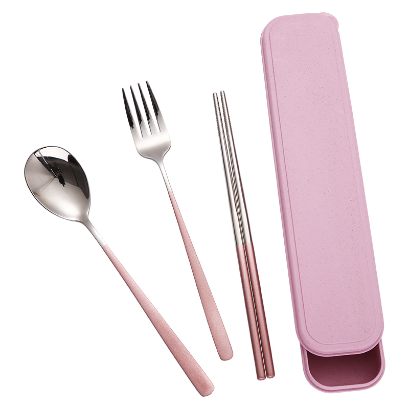 便携筷子勺子套装一人食餐具三件套不锈钢叉子单人学生可爱收纳盒