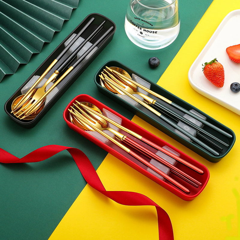 便携筷子勺子套装儿童餐具可爱三件套不锈钢叉子单人学生收纳盒