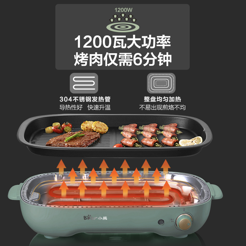 小熊电烤炉家用烧烤机无烟小烤肉盘电烤盘多功能烤鱼炉烤涮一体锅